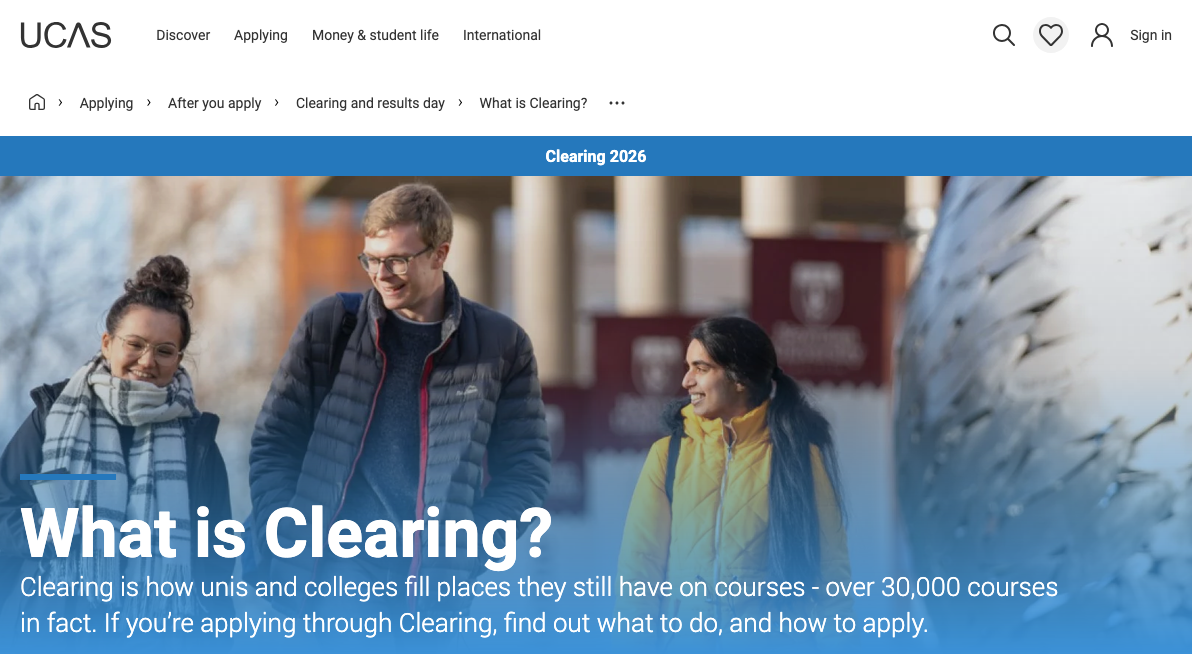 A screenshot of the UCAS web page about Clearing and how it works