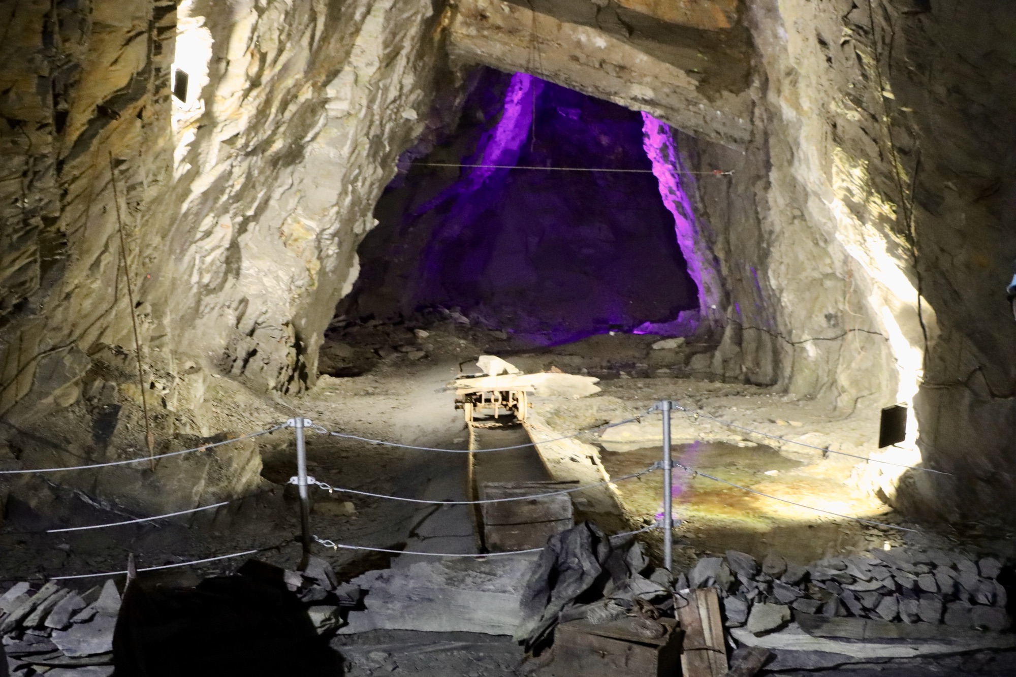 A photo of the inside of the Llechwedd Slate Caverns
