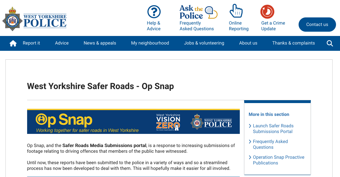 A screenshot of West Yorkshire Police's Op Snap portal
