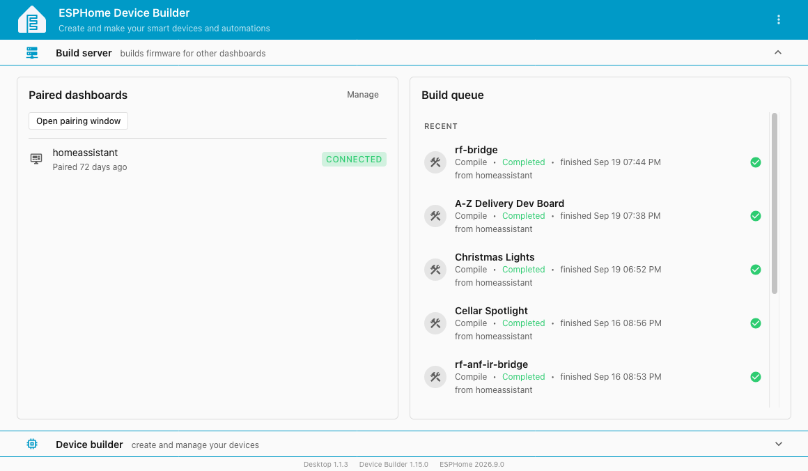 A screenshot of the ESPHome Device Builder Build Server dashboard