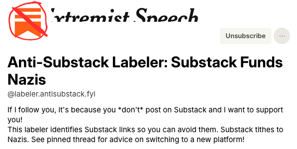 A screenshot of the anti-Substack labeler on Bluesky