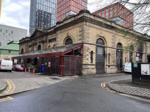 The outside of Mackie Mayor, a food hall at the old Smithfield Market in Manchester