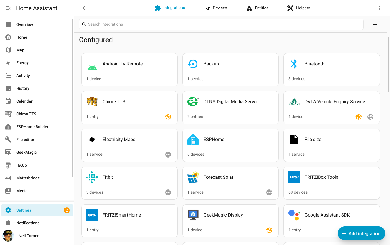 Screenshot of the Home Assistant integrations panel