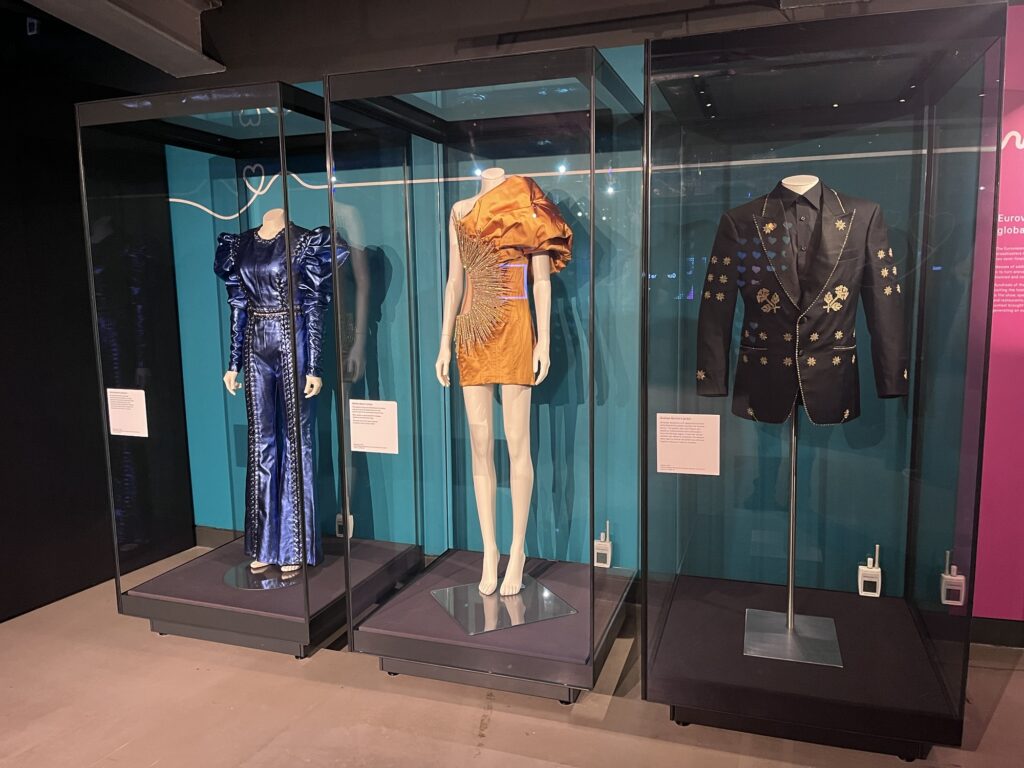 Outfits worn by Julia Sanina, Alesha Dixon and Graham Norton for the 2023 Eurovision Song Contest, on show at the Setting the Stage Exhibition
