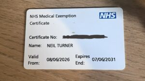 A photo of my NHS Medical Exemption Certificate which entitles me to free prescriptions