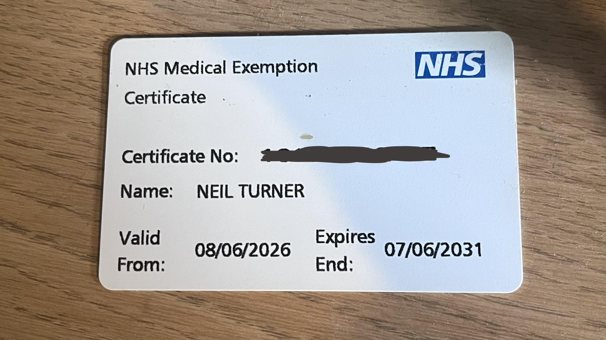 A photo of my NHS Medical Exemption Certificate which entitles me to free prescriptions