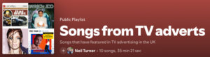 Screenshot of the songs from TV adverts playlist