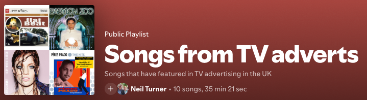 Screenshot of the songs from TV adverts playlist